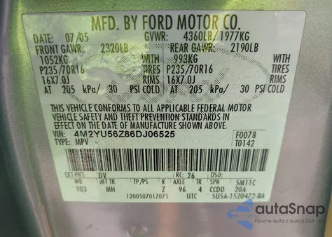 2006 Mercury Mariner Convenience из США, поврежденный, VIN 4M2YU56Z86DJ06525